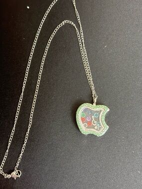 Silver Apple-Shaped Pendant memorial Necklace with Green Rhinestones